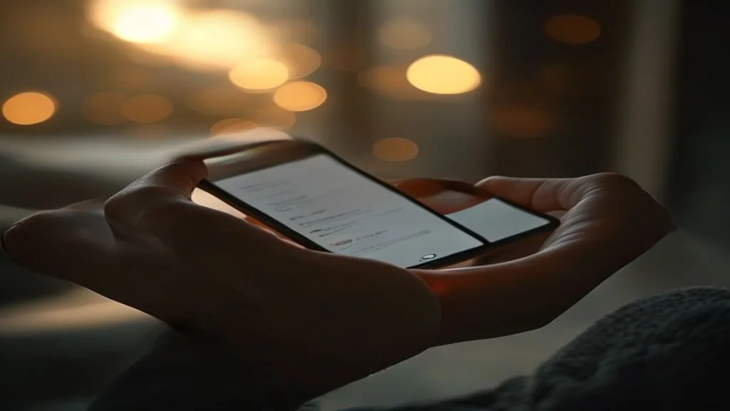 Hand holding a smartphone showing a business messaging chat in the dark